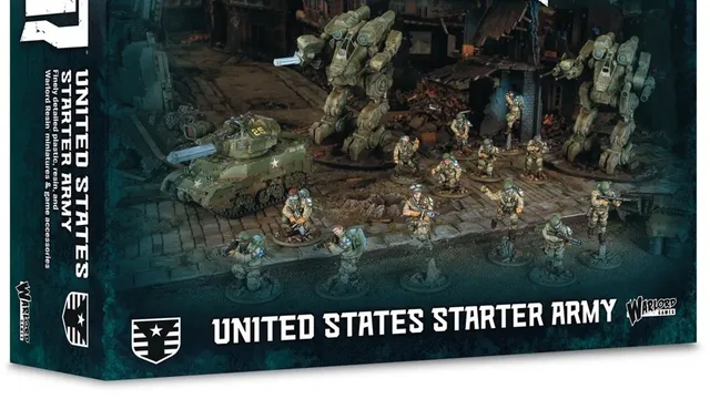 A box for the "Konflikt '47 United States Starter Army" features a detailed illustration of a battlefield scene. Prominently displayed are a U.S. tank and a large mecha, surrounded by several miniature soldiers in futuristic uniforms. The box design includes bold text with the game's title and a description of the contents, set against a dark, atmospheric background.