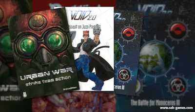 The image features several tabletop gaming rulebooks stacked together. The prominent cover in the foreground displays "Urban War: Strike Team Action" with a striking design featuring a gas mask and bold text. Behind it, two VOID rulebooks are visible: one titled "VOID 2.0: Assault on Juzo Precinct," showcasing a character with a gun, and another titled "VOID 2.0: The Battle for Monoceros III," featuring a stylized planet and graphic elements. The overall color scheme includes dark tones with vibrant accents, emphasizing the sci-fi theme.