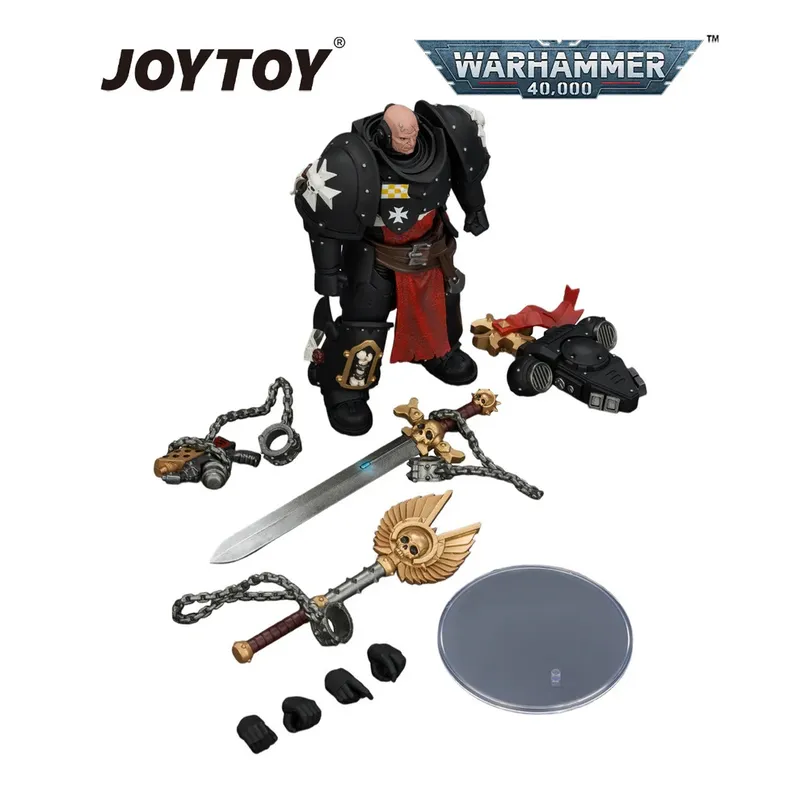 Armored figure with sword, hammer, shield, and accessories; JOYTOY and Warhammer 40,000 logos above.