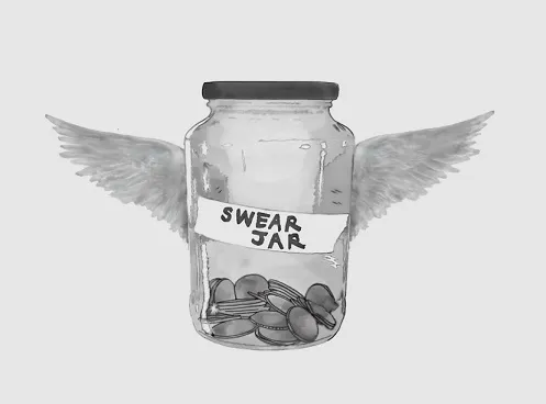 Glass jar with wings, labeled "SWEAR JAR" containing buttons.
