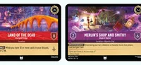 Two Disney Lorcana TCG cards: one with a bridge and number 8, another titled "Merlin's Shop" with a character.