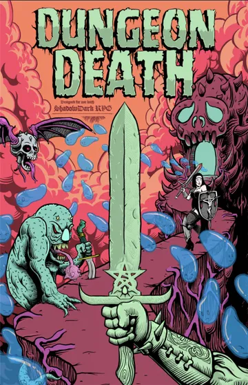"Dungeon Death" title, sword, skull, bat, monster, shield, flames, and blue drops.