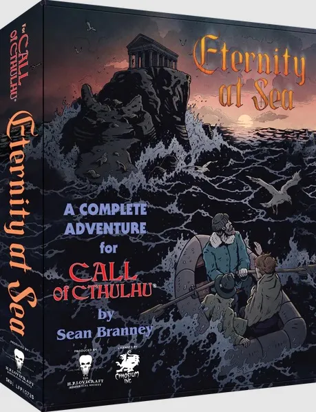 A box titled "Eternity at Sea" features a dramatic illustration of a rocky coastline with a dark, ominous building perched atop a cliff, surrounded by turbulent waves and seagulls in flight. Two figures in a small boat are depicted in the foreground, navigating the choppy waters, while the title and subtitle highlight it as a complete adventure for the Call of Cthulhu roleplaying game. The overall color palette includes deep blues and grays, enhancing the eerie atmosphere of the scene.