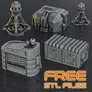 A collection of 3D printable sci-fi terrain pieces is displayed on a dark surface, featuring various structures including a tall, cylindrical tower, a compact building labeled "HOT FOOD," and two rectangular containers with detailed textures and mechanical features. The pieces are designed with a grimdark aesthetic, showcasing intricate details like pipes and vents. The text "FREE STL FILES" is prominently featured in bright orange, emphasizing the availability of these models for wargaming and RPGs.