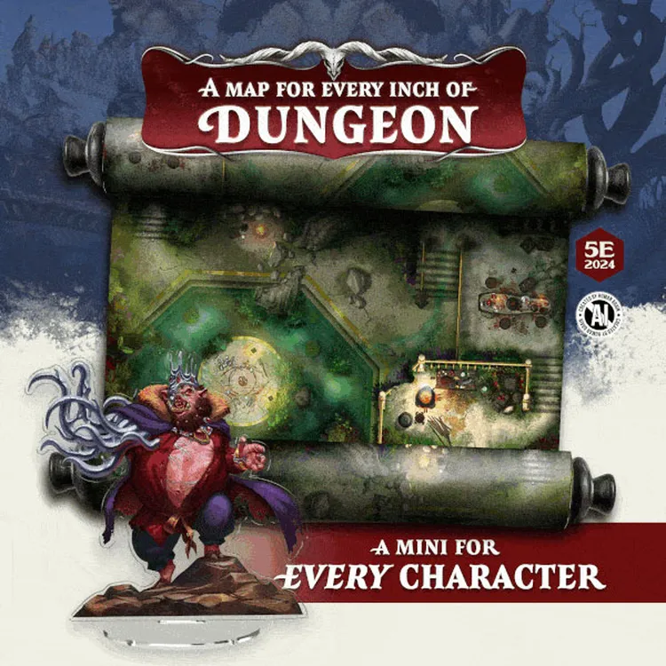 A detailed illustration features a large, intricately designed map scroll depicting a dungeon layout, with various rooms and pathways visible. In the foreground, a colorful miniature character stands, dressed in regal attire with a crown, emphasizing the theme of adventure. The text 