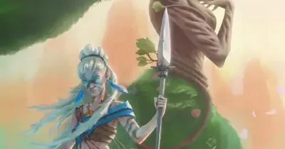 A blue-skinned woman and a tall, skeletal figure with a spear, surrounded by flowers and banners.