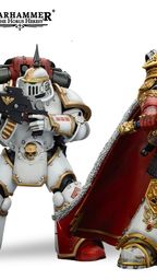 A detailed action figure of Jaghatai Khan stands on the right, adorned in ornate armor with intricate gold detailing, holding a sword. To the left, a Tactical Marine in Mk III power armor is posed with a firearm, featuring a skull motif and a red backpack. Both figures are set against a simple background, showcasing their impressive craftsmanship and articulation.
