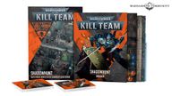 The image features the new "Kill Team: Shadowhunt" set, prominently displaying two rulebooks titled "SHADOWHUNT" and "SHADOWHUNT DOSSIER." The covers showcase dynamic artwork, including a battle scene with miniatures and characters from the Adepta Sororitas and Chaos Space factions. In the foreground, several datacards are visible, featuring vibrant orange and black designs, alongside a textured game board with various symbols and numbers.