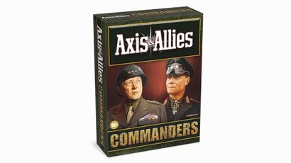 A box for "Axis & Allies: Commanders" features two prominent military figures on the front: a general in a U.S. Army uniform with medals and a German officer in a uniform adorned with insignia. The title "Axis & Allies" is displayed prominently at the top, with "COMMANDERS" in bold letters at the bottom. The overall color scheme includes dark green and gold accents, giving it a military-themed appearance.