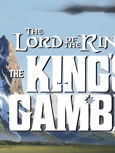 The image features the title "The Lord of the Rings: The King's Gambit" prominently displayed against a backdrop of a majestic mountain landscape. The mountain, with its snow-capped peak, is set against a clear blue sky, creating a sense of adventure and grandeur. The title is styled in bold, white letters, emphasizing the epic nature of the game.
