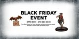 A promotional graphic for TTCombat's Black Friday event features bold text stating "BLACK FRIDAY EVENT" at the top, with dates from "27TH NOV - 4TH DEC 2025" below. On the left, there is an illustration of a small cart with a red and white striped umbrella, while on the right, a miniature figure stands, showcasing a character in a dynamic pose. The text highlights a free miniature offer for purchases over £75 and a second free miniature for orders over £150.