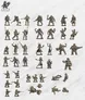A collection of 41 28mm scale miniatures from LaFig Miniatures' "Space Troopers" Kickstarter campaign, displayed against a light textured background. The miniatures include various troopers, such as grunts, ogryns, psykers, and cyborg servitors, each showcasing dynamic poses and intricate details. Notable figures include halfling combat chefs with powergloves and sniper rifles, as well as casualties, all rendered in a neutral gray color.