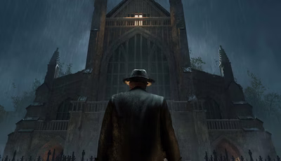 A figure in a dark coat and hat stands with their back to the viewer, facing a large, gothic-style church illuminated by a single light in the upper window. The scene is set in a rainy atmosphere, with droplets visible in the air, and the church is surrounded by a wrought-iron fence, adding to the ominous ambiance. The overall color palette is dark and moody, enhancing the sense of mystery and foreboding.
