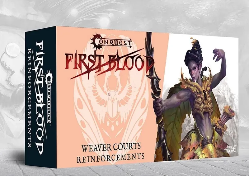 Conquest First Blood Weaver Courts Reinforcements box with a warrior holding a spear.