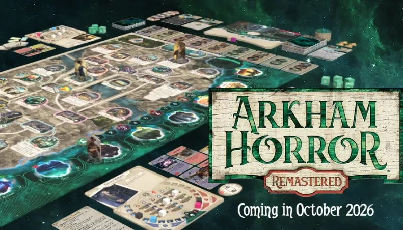 Arkham Horror Remastered board game with cards, tokens, and text "Coming in Oct"