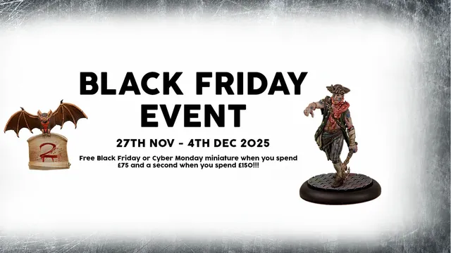 A promotional graphic for TTCombat's Black Friday event features bold text stating "BLACK FRIDAY EVENT" at the top, with dates from "27TH NOV - 4TH DEC 2025" below. On the left, there is an illustration of a small cart with a red and white striped umbrella, while on the right, a miniature figure stands, showcasing a character in a dynamic pose. The text highlights a free miniature offer for purchases over £75 and a second free miniature for orders over £150.