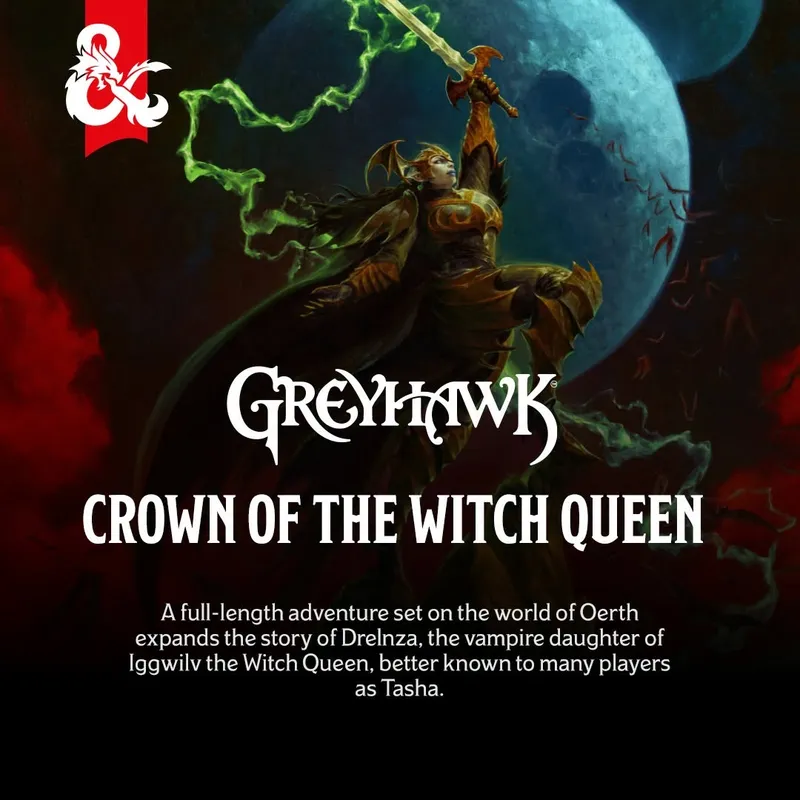 Fantasy warrior holding glowing sword, full moon background, text "GREYHAWK CROWN OF THE WITCH QUEEN"