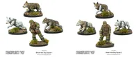 A set of miniatures from Warlord Games features British War Dog squads from the Konflikt '47 range. The scene includes several dogs in harnesses alongside their handlers, depicted on textured bases with tufts of grass. The figures showcase a mix of poses, highlighting the dynamic nature of the canine companions and their human counterparts.