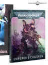 A striking display features two editions of the "Codex: Emperor’s Children" for Warhammer 40,000. On the left, a dark cover showcases a dynamic illustration of a warrior wielding a sword, while the right cover presents a vibrant image of a heavily armored figure with a weapon, both embodying the chaotic essence of the Emperor’s Children. The titles "Codex: Emperor’s Children" are prominently displayed on both covers, emphasizing the focus on this faction's lore and gameplay.