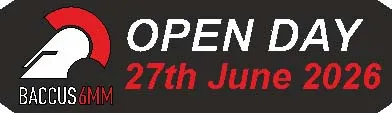 A black banner features the text "OPEN DAY" in bold red letters, with the date "27th June 2026" also in red. The logo of Baccus6mm, depicting a stylized helmet, is positioned on the left side of the banner. The overall design emphasizes a clean and professional look, suitable for promoting the event.