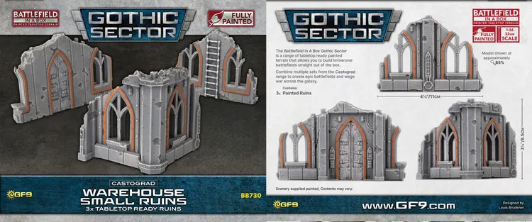 A set of three small warehouse ruins from the Gothic Sector: Castograd terrain pieces, featuring detailed architecture with arched windows and a weathered stone finish. The structures are fully painted and designed for immediate use in tabletop games, showcasing a mix of gray and orange tones. The packaging includes images of the ruins from different angles, emphasizing their intricate design and suitability for 28-35mm scale games.