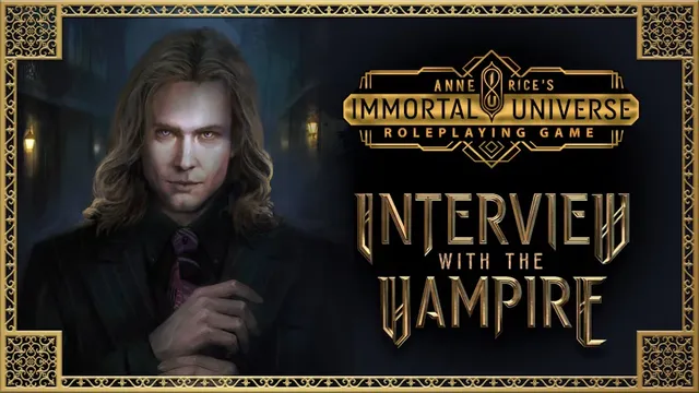 A man with long brown hair, pale skin, and a serious expression, wearing a dark suit jacket, purple tie, and white shirt. Dark, ornate background with partial text reading "IMMORTAL" and "Renegade Game Studios" logo.