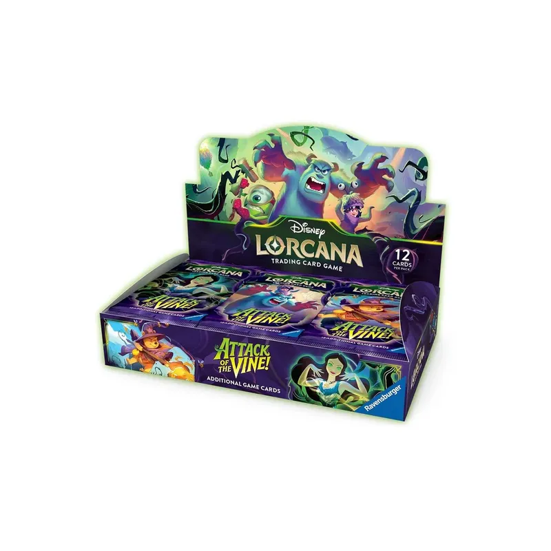 Disney Lorcana Attack of the Vine trading card game box with 12 cards per pack.