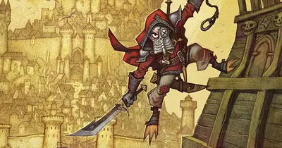 Armored figure leaping from a ship, city and text "ARKAND CITY OF WAVES AND FLAMES" below.