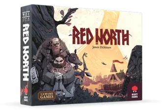 A game box for "Red North" features a stylized illustration of three warriors, including a large bearded figure and a smaller character, set against a backdrop of a Norse-inspired landscape with a tent and a large tree. The title "RED NORTH" is prominently displayed in bold red letters, with the designer's name, James Dickinson, below it. The box also includes the logos for Mighty Boards and La Mame Games.