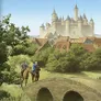 Two people riding horses on a stone bridge with three arches. The riders wear medieval-style clothing; one is dressed in blue and the other in gray. The horses are brown. In the background stands a large, white castle with multiple towers, conical roofs, and spires. The castle has a mix of stone and brick architecture with steeply pitched roofs. The setting is lush and green, with dense trees and shrubbery surrounding the castle and bridge. The sky is clear and blue.