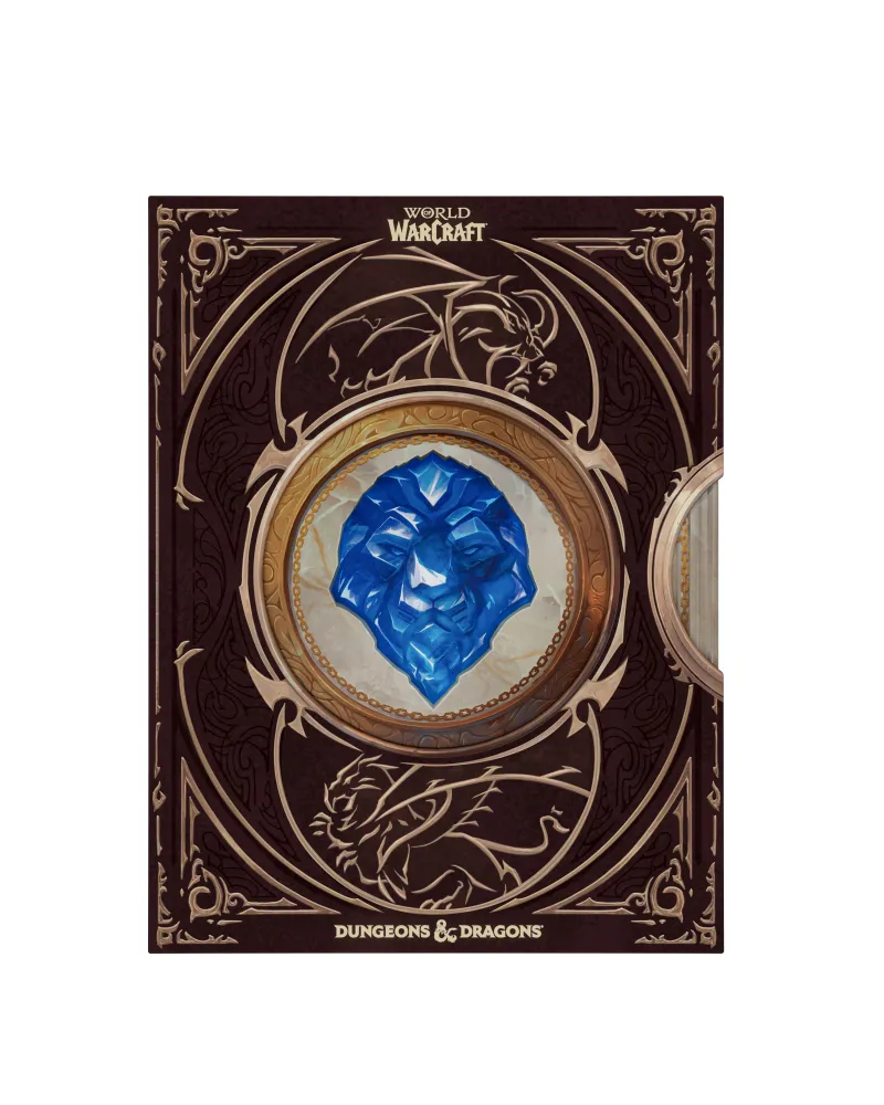 Dark cover with ornate gold designs, a blue lion head gem in center, and text "World of Warcraft" and "Dungeons & Dragons".