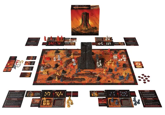 Board game layout with cards, tokens, and a central black monolith on a red-orange terrain.