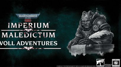 A detailed illustration features a grim-looking character with a stern expression, wearing ornate armor and a large shoulder pad, seated at a desk with a scroll in hand. The background is a dark, textured teal, enhancing the ominous atmosphere. The title "Imperium Maledictum Adventures" is prominently displayed in bold, white lettering, with the Warhammer 40,000 logo positioned at the top left corner.