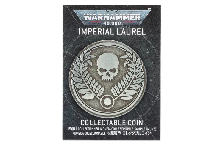 A collectible coin featuring a prominent skull surrounded by laurel leaves, set against a dark, starry background. The coin is labeled 