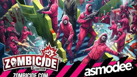 A chaotic scene featuring numerous figures in pink hooded jumpsuits and black masks, some holding weapons, in a colorful, multi-level setting with stairs and platforms. A central figure in a black hooded robe and mask stands prominently. The background includes text: "NETFLIX SQUID GAME Coming in 2026 THE GAME WILL NOT STOP". In the foreground, the text "ZOMBICIDE 2nd EDITION ZOMBICIDE.COM" and the logo "asmodee" are visible.