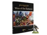 The image features the cover of the "Wars of the Samurai" supplement for the Pike & Shotte tabletop game, prominently displaying a vibrant illustration of a 15th and 16th-century Japanese battle scene, complete with samurai warriors in traditional armor wielding weapons and banners. To the right, there is a detailed miniature of Yasuke, the Black Samurai, depicted in a dynamic pose, dressed in colorful armor and holding a sword. The book's title is elegantly printed in gold lettering at the top, with the Warlord Games logo at the bottom.