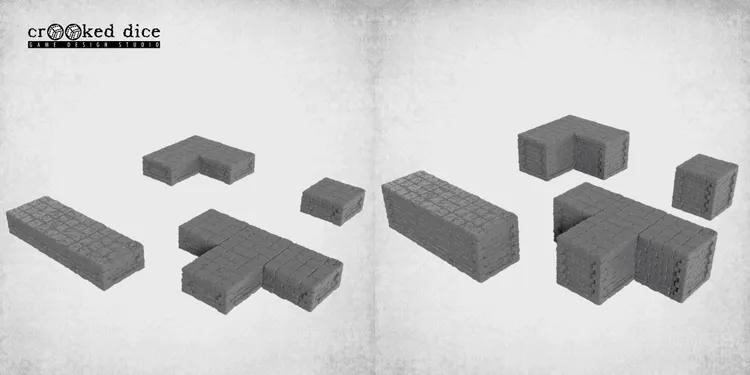 A collection of modular dungeon blocks in various shapes, all in a gray color, is displayed against a light background. The blocks include straight pieces, a corner piece, and a T-shaped piece, all featuring detailed stone textures that mimic the look of dungeon walls. This versatile set is designed for tabletop gaming, allowing for customizable dungeon layouts.