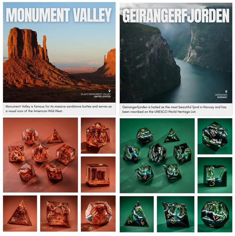 A split image showcases two sets of luxury dice inspired by famous landmarks. On the left, the "Monument Valley" set features warm, earthy tones with intricate designs resembling sandstone buttes, accompanied by a description highlighting its iconic status in the American Wild West. On the right, the "Geirangerfjorden" set displays vibrant green and blue hues, evoking the beauty of Norway's fjords, with a note about its UNESCO World Heritage designation. Each set includes various polyhedral dice, presented in a visually appealing arrangement.