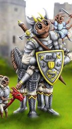 A whimsical illustration features a large, anthropomorphic creature resembling a knight, complete with armor and a crown, holding a shield adorned with a castle emblem. Perched on its shoulder is a smaller creature dressed in blue, while a tiny dragon-like figure stands beside them, also in armor. The background showcases a blurred castle and green grass, creating a playful and fantastical atmosphere.