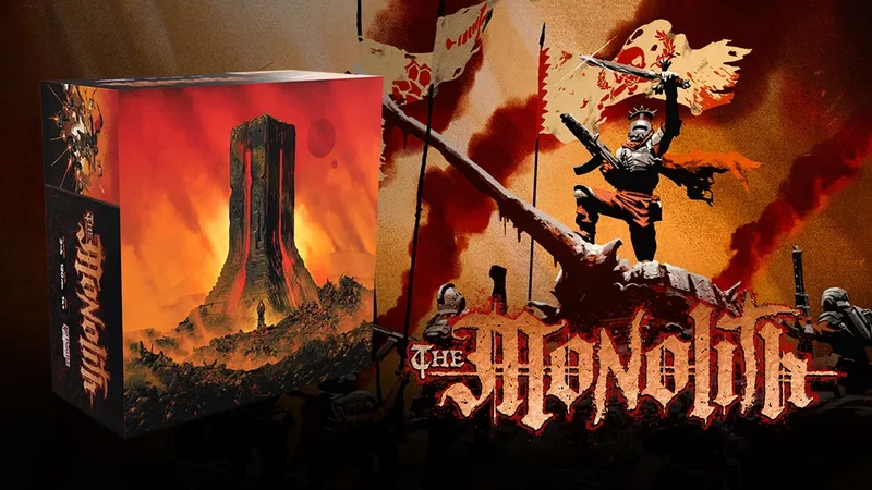 Armored figure on a skull, holding a flag with text "The Monolith" below.