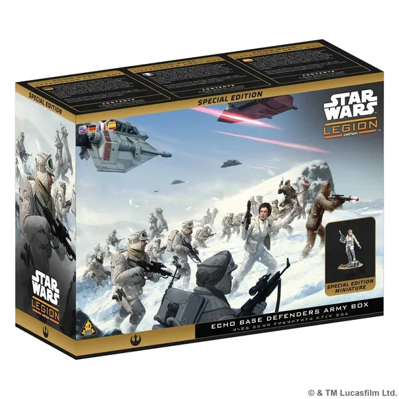 The box for the "Echo Base Defenders Army Box" features a dynamic illustration of Rebel soldiers in snowy terrain, equipped for battle on the icy planet Hoth. Prominently displayed is a Special Edition miniature of General Leia Organa, alongside various troopers and a Wampa in the background. The packaging includes the "Star Wars: Legion" logo and highlights the special edition status, with additional text in multiple languages on the top.