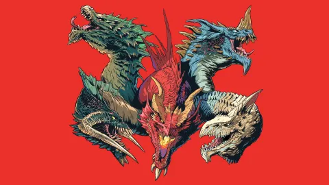 Four stylized dragons face off against each other in mid-air against a solid red background. The dragons vary in color: one is green with sharp, jagged frills along its neck and back; one is blue with a ridged spine and curved horns; one is red with a muscular, almost demonic appearance and glowing yellow-orange eyes; and one is beige with a bony, skeletal structure and pronounced teeth. Their mouths are open, revealing sharp fangs, and their wings are spread wide. No text or other objects are visible.