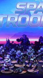A diverse array of 28mm scale miniatures is displayed, featuring various space troopers, including grunts, ogryns, psykers, and halfling combat chefs, all intricately detailed and dynamic. The miniatures are set against a vibrant cosmic backdrop, with the bold text "SPACE TROOPERS" prominently featured at the top. The scene captures the essence of a sci-fi army, showcasing the unique character and variety of the figures.