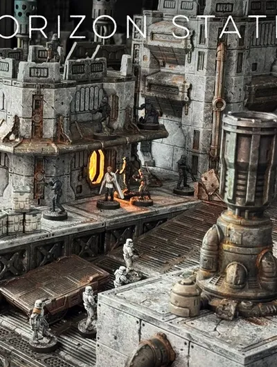 A detailed modular sci-fi terrain setup features various structures, including a large building with a glowing orange window and intricate textures, set against a backdrop of industrial elements. Several miniature figures are positioned throughout the scene, suggesting a skirmish or exploration scenario. The terrain is designed for tabletop gaming, showcasing a mix of crates, pipes, and machinery, all rendered in a weathered, metallic color palette.