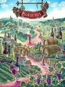 A vibrant, illustrated scene of the Bordeaux wine region. Rolling green vineyards stretch across the landscape, dotted with small houses and a stone aqueduct. A winding river flows through the center, with red wine pouring from bottles and barrels into the water. Multiple wine bottles, glasses, and wooden barrels are scattered throughout the scene. In the background, a village with houses and a church sits among the hills. A decorative banner at the top reads "Bordeaux," flanked by grape clusters.