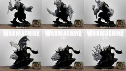 A collection of six 3D models from the Warmachine series is displayed in a grid format. The top row features three Primeval models, each showcasing unique designs with intricate details, including armor and weaponry. The bottom row presents three Feral models, characterized by their beastly forms and dynamic poses, with some featuring wings and distinctive facial features, all set against a simple background.