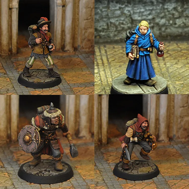 Four fantasy miniatures are displayed in a grid format. The top left features a jovial character in a brown tunic with striped pants, holding a pouch and wearing a hat with a feather. The top right shows a robed figure in a blue cloak, carrying a book and a potion. The bottom left depicts a muscular warrior in armor, wielding a shield and wearing a fur-lined collar. The bottom right presents a sneaky-looking character in a red hood, equipped with various tools and a satchel. The background consists of cobblestone flooring and stone walls, enhancing the fantasy setting.