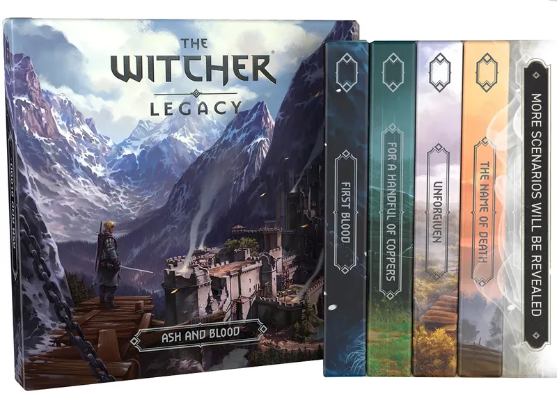 A collection of tabletop game books from "The Witcher: Legacy" series, featuring a prominent cover titled "ASH AND BLOOD" with a scenic illustration of mountains and a castle. Next to it are five additional books, each with distinct colors and titles: "FIRST BLOOD," "FOR A HANDFUL OF COPPERS," "UNFORGUEN," "THE NAME OF DEATH," and a placeholder for "MORE SCENARIOS WILL BE REVEALED." The spines of the books are designed with decorative elements, enhancing their visual appeal.