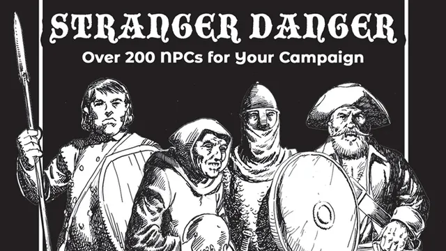 Five figures in a stylized black-and-white illustration stand together against a plain dark background. At the top, the text reads: "Over 200 NPCs for Your Campaign." Below the figures, smaller text says: "Designed for use with Shadowdark RPG."

From left to right:
1. A person with long hair, wearing a sleeveless tunic and cross-gartered leggings, holding a spear over one shoulder.
2. A person with shoulder-length hair, dressed in layered robes with fur trim, holding a staff in one hand.
3. An older person with a long beard, wearing a hooded cloak and holding a book or scroll.
4. A person in full plate armor with a closed helmet, holding a round shield with a circular emblem.
5. A person with a long beard and mustache, wearing a wide-brimmed hat, a long coat, and boots, holding a sword at their side.
