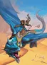 A warrior in armor rides a blue dragon over a desert, another dragon in the background.